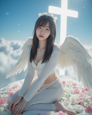 Masterpiece, 8k, HDR, 3D, best quality, photography, analog style, real life, extremely beautiful, highly detailed, intricately detailed, alluring eyes.

The Divine Maiden (1girl) sits gracefully on a billowing cloud, with long dark hair and a soft, serene smile. Her radiant blue eyes sparkle with ethereal wisdom. A delicate, transparent veil adorned with shimmering crystals flutters gently as sunlight filters through her magnificent angel wings. Above her head, a glowing halo enhances her celestial presence, while subtle light and shadow behind her form the shape of a cross, adding a spiritual depth to the scene. Beneath her, a vibrant floral meadow exudes tranquility and love.