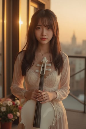 Masterpiece, 8k, HDR, 3D, best quality, photography, analog style, real life, extremely beautiful, highly detailed, intricately detailed, alluring eyes. A gorgeous Asian woman with long, dark hair stands poised in front of a tall building illuminated by the golden hues of a setting sun. Wearing an exquisite, form-fitting gown that reveals her elegant curves, she exudes a classical charm, her hands holding a pure white cello with graceful mastery.

As the sunset colors reflect off the building’s glass facade, warm light bathes the scene, adding an ethereal glow to her serene expression. The contrast between her sophisticated attire and the modern urban backdrop creates a mesmerizing blend of elegance and allure, where classical poise meets city elegance, capturing her timeless beauty in a fleeting, golden moment.