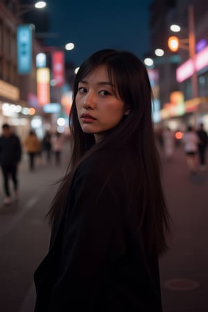 rlawldnjs,
A captivating photograph capturing the essence of a korean woman with rich chocolate skin tones standing confidently against a vibrant urban backdrop filled with bustling activity, highlighting her assertive gaze directed towards the camera and downcast eyes in deep thought as she contemplates life's mysteries while surrounded by city lights that seem to mirror her own inner light.