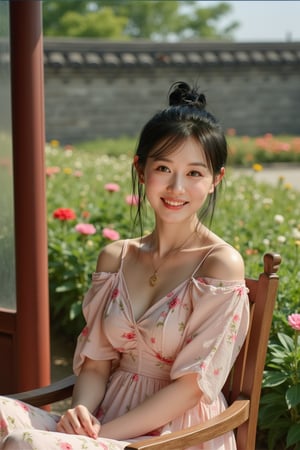 rlawldnjs,
A portrait photograph captures a korea woman with enchanting misty green eyes and a warm, inviting smile. Soft golden light streams through a nearby window, illuminating her gently. She sits in a rustic wooden chair, adorned in a flowing floral dress that complements her fair skin tone beautifully. A gentle breeze plays with the fabric, casting a subtle dance of shadows across her delicate features. The backdrop is a vibrant garden filled with blooming flowers and lush foliage, with an ancient stone wall in the distance blending natural beauty and architectural elegance. Ther scene evokes a sense of tranquility and serenity, reflecting warmth and introspection in the viewer.