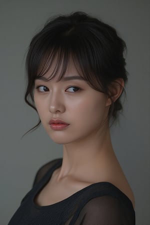 rlawldnjs, A korean woman with a pixie haircut, her hair falling just above her chin in soft waves, stands against a simple yet elegant backdrop. She has deep brown eyes that reflect wisdom and curiosity. Her expression is one of gentle contemplation as she looks directly into the camera lens. The lighting highlights the texture of her skin while also creating subtle shadows under her eyes which hint at nights spent pondering deeply or perhaps long conversations well past bedtime.