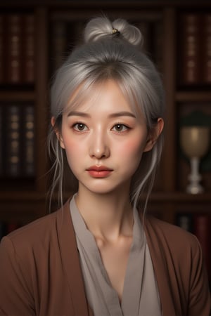 rlawldnjs,
A hyperrealistic portrait featuring a distinguished korean woman with warm brown eyes, crowned by meticulously styled silver hair, framed against the backdrop of an intricately designed library filled with books and artifacts.