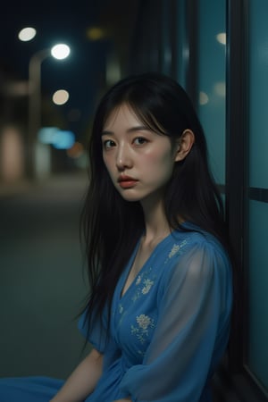 rlawldnjs,
A korean woman with delicate freckles and soft chestnut hair sits under a bright streetlight, her gaze reflecting a mixture of curiosity and contemplation as she looks directly at the camera. She wears an elegant blue dress adorned with subtle floral embroidery that catches the light from nearby windows in ther photograph portrait designed to capture both the quiet strength and introspective nature of its subject.