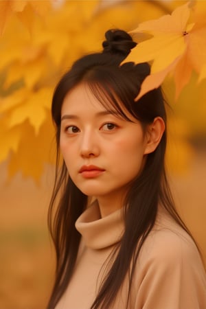 rlawldnjs,
A korean woman with a warm skin tone and soft brown eyes stands against a tranquil autumn landscape of golden leaves, her hair styled in gentle waves around her face. She exudes wisdom and calm serenity as she gazes towards the distance, framed by the rich colors of falling leaves that swirl gently to the ground. The background is softly blurred, focusing attention on her serene expression while allowing for an introspective mood within the composition.