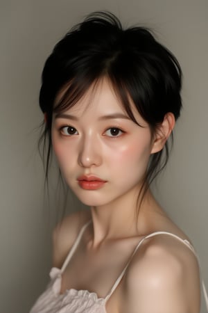 rlawldnjs,
A korean woman with a pixie haircut, her hair falling just above her chin in soft waves, stands against a simple yet elegant backdrop. She has deep brown eyes that reflect wisdom and curiosity. Her expression is one of gentle contemplation as she looks directly into the camera lens. The lighting highlights the texture of her skin while also creating subtle shadows under her eyes which hint at nights spent pondering deeply or perhaps long conversations well past bedtime.