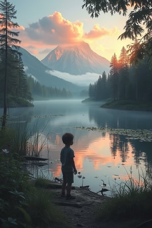 A young child looking at serene Laivi scenery featuring a tranquil lake surrounded by lush greenery and towering trees. The lake is calm, with reflections of the sky and trees visible on its surface. . There are many lilies and reeds in the water. Red sunset.The composition is centered around the lake, with the surrounding forest framing the scene. The lighting is soft, with warm tones filtering through the trees, creating a peaceful and eye-soothing atmosphere.(A serene landscape of a sparkling lake, gentle clouds drifting in a bright blue sky, majestic mountain peaks emerging from the mist), vibrant colors, reflective water surface, tranquil atmosphere, high detail. highly detailed and hyper realistic photo, by Alena Aenami , by Archibald Thorburn , by Daniele Afferni , in the style of monochromatic silhouette reflection, limited dark palette, unusual dark colors, faded colors, atmospheric haze, highly dramatic cinematic lighting, motion blur, film grain, professional, excellent composition, finest details, maximized details, ultimate detail level, masterpiece, best quality