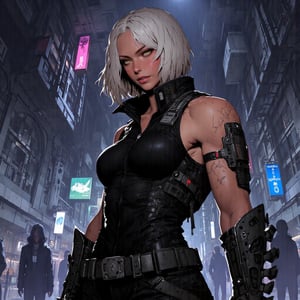 (((masterpiece))), (((best quality))), (((highres))), detailed face, (((perfect face))), detailed body, textured skin, full body, (perfect hands), (perfect fingers), (perfect grip), ((perfect anatomy)), (detailed eyes), (detailed background), perspective, cyberpunk, Shadowrun style, Shadowrun Sixth World, Shadowrun Returns, Shadowrun Dragonfall, Shadowrun Hong Kong, 1 girl, solo, tall, alluring female, athletic female, well-defined physique, muscular, aura of dominance, predator-like gaze, sexual predator, short white hair, confident smile, neon light, dark light, low-key lighting, cinematic lighting, dramatic shadows, volumetric lighting, volumetric lighting, trending on artstation, mythp0rt, anime, DRK,ct-skyzo2