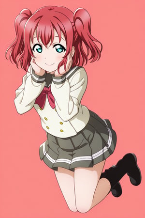 (llas, masterpiece, very aesthetic, absurdres, best quality:1.1),

1girl, kurosawa ruby, looking at viewer,

smile, closed mouth,

(jumping, legs together),

(urawin, uranohoshi winter uniform:1.2), long sleeves, white serafuku, leg warmers, boots,

hands on cheeks,

(simple background:1.45),