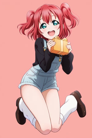 (llas, masterpiece, very aesthetic, absurdres, best quality:1.1),

1girl, kurosawa ruby, looking at viewer,

smile, open mouth,

(jumping, legs together),

denim overalls, micro shorts, leg warmers, loafers,

holding present,

(simple background:1.45),