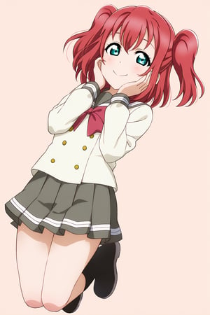 (llas, masterpiece, very aesthetic, absurdres, best quality:1.1),

1girl, kurosawa ruby, looking at viewer,

smile, closed mouth,

(jumping, legs together),

(urawin, uranohoshi winter uniform:1.2), long sleeves, white serafuku, leg warmers, boots,

hands on cheeks,

(simple background:1.45),