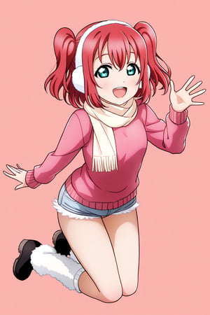 (llas, masterpiece, very aesthetic, absurdres, best quality:1.1),

1girl, kurosawa ruby, looking at viewer,

smile, open mouth,

(jumping, legs together),

earmuffs, pink sweater, scarf, micro shorts, leg warmers, boots,

(waving, open hand)

(simple background:1.45),