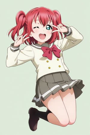 (llas, masterpiece, very aesthetic, absurdres, best quality:1.1),

1girl, kurosawa ruby, looking at viewer,

smile, open mouth, one eye closed,

(jumping, legs together),

(urawin, uranohoshi winter uniform:1.2), long sleeves, white serafuku, leg warmers, loafers,

peace sign,

(simple background:1.45),