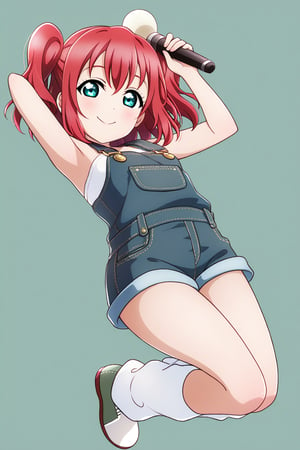 (llas, masterpiece, very aesthetic, absurdres, best quality:1.1),

1girl, kurosawa ruby, looking at viewer,

smile, closed mouth,

(jumping, legs together),

denim overalls, micro shorts, leg warmers, footwear,

(arms up), holding microphone,

(simple background:1.45),