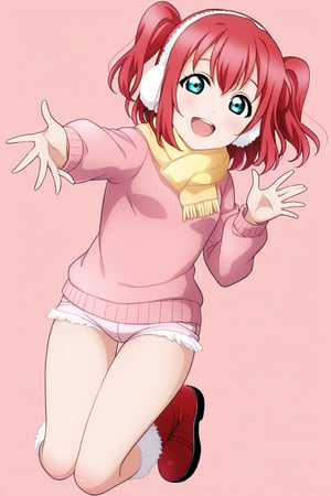 (llas, masterpiece, very aesthetic, absurdres, best quality:1.1),

1girl, kurosawa ruby, looking at viewer,

smile, open mouth,

(jumping, legs together),

earmuffs, pink sweater, scarf, micro shorts, leg warmers, boots,

(waving, open hand)

(simple background:1.45),