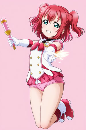 (llas, masterpiece, very aesthetic, absurdres, best quality:1.1),

1girl, kurosawa ruby, looking at viewer,

smile, grin,

(jumping, legs together),

(magical girl), micro shorts, leg warmers, footwear,

holding magic wand,

(simple background:1.45),