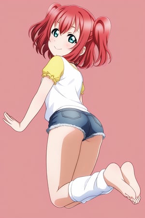 (llas, masterpiece, very aesthetic, absurdres, best quality:1.1),

1girl, kurosawa ruby, looking at viewer,

smile, closed mouth,

(jumping, legs together),

casual, micro shorts, leg warmers, barefoot,


looking back,

(simple background:1.45),