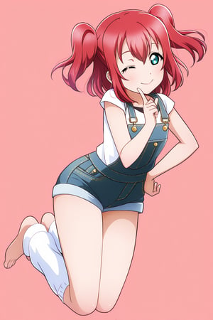 (llas, masterpiece, very aesthetic, absurdres, best quality:1.1),

1girl, kurosawa ruby, looking at viewer,

smile, closed mouth, one eye closed,

(jumping, legs together),

denim overalls, micro shorts, leg warmers, barefoot,

index finger raised, finger on mouth, hand on hip,

(simple background:1.45),