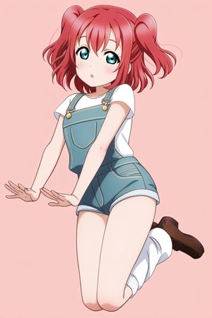 (llas, masterpiece, very aesthetic, absurdres, best quality:1.1),

1girl, kurosawa ruby, looking at viewer,

:o,

(jumping, legs together),

denim overalls, micro shorts, leg warmers, loafers,

(simple background:1.45),