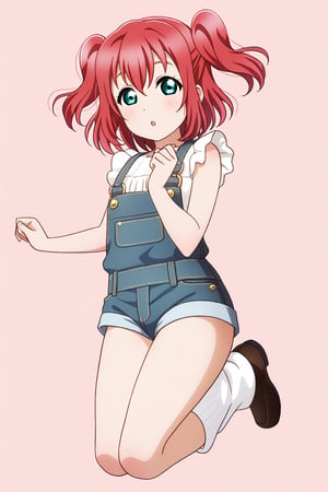 (llas, masterpiece, very aesthetic, absurdres, best quality:1.1),

1girl, kurosawa ruby, looking at viewer,

:o,

(jumping, legs together),

denim overalls, micro shorts, leg warmers, loafers,

(simple background:1.45),