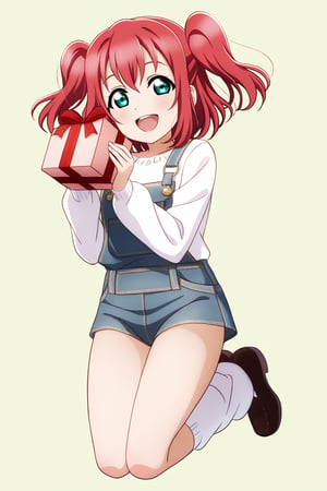 (llas, masterpiece, very aesthetic, absurdres, best quality:1.1),

1girl, kurosawa ruby, looking at viewer,

smile, open mouth,

(jumping, legs together),

denim overalls, micro shorts, leg warmers, loafers,

holding present,

(simple background:1.45),