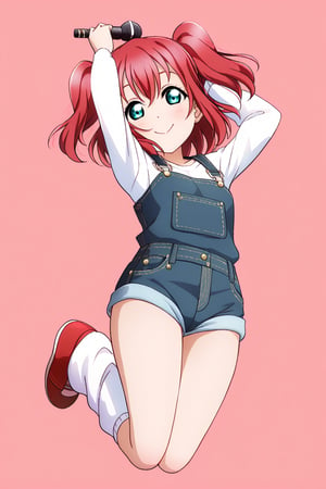 (llas, masterpiece, very aesthetic, absurdres, best quality:1.1),

1girl, kurosawa ruby, looking at viewer,

smile, closed mouth,

(jumping, legs together),

denim overalls, micro shorts, leg warmers, footwear,

(arms up), holding microphone,

(simple background:1.45),