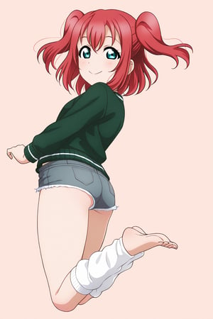 (llas, masterpiece, very aesthetic, absurdres, best quality:1.1),

1girl, kurosawa ruby, looking at viewer,

smile, closed mouth,

(jumping, legs together),

casual, micro shorts, leg warmers, barefoot,


looking back,

(simple background:1.45),