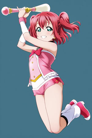 (llas, masterpiece, very aesthetic, absurdres, best quality:1.1),

1girl, kurosawa ruby, looking at viewer,

smile, grin,

(jumping, legs together),

(magical girl), micro shorts, leg warmers, footwear,

holding magic wand,

(simple background:1.45),