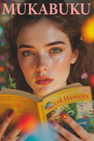 Magazine photo cover for MUKABUKU, featuring a close-up shot of a woman's face, soft natural lighting, her expression focused and contemplative, holding a book gently with both hands, the book's title visible, background blurred with subtle hints of a cozy reading nook, high-quality digital photography, vibrant yet warm color palette.