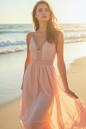 A stunning woman in a flowy, ethereal dress, standing elegantly on a sunlit beach. The dress billows gently in the breeze, with soft, pastel colors reflecting the golden hour light. She has a serene expression, with her hair cascading in loose waves. The background features a calm ocean and a clear sky, with a slight blur to emphasize her beauty. The composition is centered, capturing her graceful pose and the natural beauty of the scene.