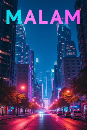 A captivating magazine photo cover for MALAM, featuring a nighttime cityscape. The image captures a panoramic view of a bustling city at night, with towering skyscrapers illuminated by neon lights and street lamps. The composition is dynamic, with a sense of movement and energy. The lighting is dramatic, with deep blues and purples contrasting against the vibrant neon hues. The shot is framed to emphasize the grandeur of the city, with a slight tilt to add a sense of dynamism. The overall mood is mysterious and alluring, perfect for a magazine cover.