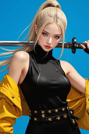 (masterpiece, high quality, ultra-realistic, 8k resolution, fine lineart, highly detailed). A stunning Asian woman with long blonde hair, tied back in a ponytail, stands confidently while holding a large katana in her right hand. She is wearing a sleek black outfit with a yellow jacket draped over her shoulders. Her eyes are a striking blue, and her lips are painted a deep red, creating a vibrant contrast with her outfit. She wears a black leather belt adorned with yellow stars, adding a unique touch to her look. The backdrop is a vibrant blue, which further enhances the contrast between her outfit and the scene, making her stand out. The overall composition captures her strength and confidence, with the sword held firmly in her hand, ready for action. The lighting highlights the textures of her jacket, belt, and sword, making the scene feel dynamic and full of energy.,ct-skyzo_identity