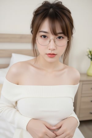 Masterpiece, best quality, high resolution, ultra high resolution, upper body, front view, 1 girl, solo, beautiful girl, short hair, brown hair, 
The woman is wearing round glasses with thin metal frames, bangs, ponytail, slim body, tall body, beautiful body, white virgin killer sweater, off the shoulders, standing, looking at the viewer, (sexy pose), indoors, bedroom background, virgin killer sweater