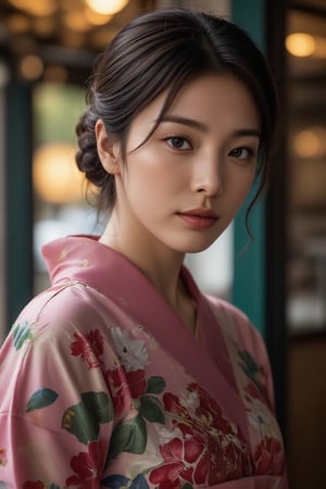 A beautiful young Japanese woman, 22yo, luxurious Japan style kimono, ornate floral embroidered, cinematic, highly details, immersive atmosphere, impeccably detailed, visually stunning, real-to-life upper body portrait, transfixing looks, emotive depth, artistic emotionality, compelling glances, 