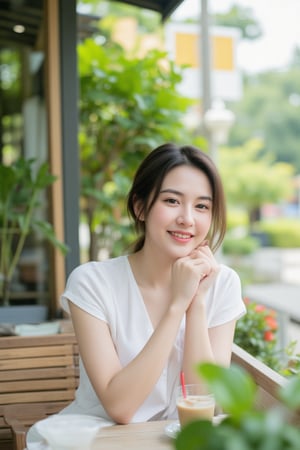 Create a cozy cafe scene featuring a woman sitting by a window with a vibrant green garden in the background. She’s wearing a casual white blouse, with a friendly smile as she holds a glass of iced coffee with a red straw on the table in front of her. The background should include a mix of blurred trees and soft natural light filtering in to create a warm, relaxed atmosphere.