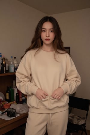 A young woman stands indoors, wearing an oversized beige sweatshirt and matching sweatpants, giving off a relaxed and casual vibe. Her long, wavy hair falls naturally over her shoulders, framing her face with a soft, slightly melancholic expression. The setting has a vintage feel, with a cluttered table in the background holding several items, including bottles and an old camera. There are also some snack bags and a folding chair nearby. The dim, warm lighting and muted colors create an intimate, nostalgic atmosphere.