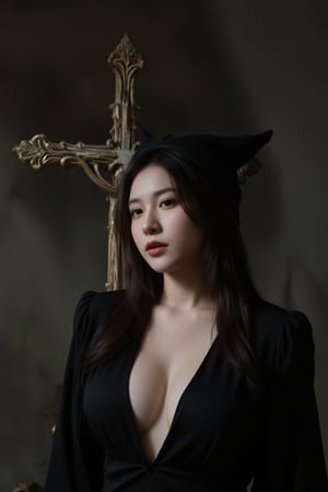 Chinese girl, 25 years old, wearing a black witch costume with a slit at the chest, 
Behind there stood a large cross, cowboy_shot,
key light, rim light, warunee, soft focus