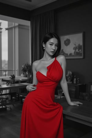 Black and white photograph of a beautiful, sexy Thai woman in 1990s style. Strong contrast highlights her curves and classic elegance. Despite the monochrome tone, her vibrant red dress stands out vividly, as if in color, with retro details like a cinched waist and full skirt. Her pose is confident and flirtatious, evoking timeless glamour. High contrast shadows enhance the vintage atmosphere. Photorealistic, cinematic lighting.