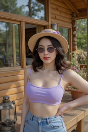 A stunning woman in a lavender crop top and high-waisted denim shorts poses confidently in front of a rustic wooden cabin nestled in a serene forest. Her medium-length wavy black hair flows gently in the breeze, and she wears a pair of stylish cat-eye sunglasses with silver rims. A straw sunhat with a lavender ribbon rests on her head, adding a soft contrast to her deep red lips and striking green eyes. On the wooden porch beside her, a vintage lantern and a small potted plant give a touch of charm to the scene. The sunlight filters through the trees, casting a warm, golden glow on her sun-kissed skin. Cosplay, Real person, photography.