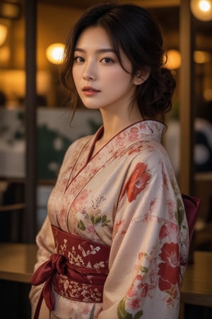 A beautiful young Japanese woman, 22yo, luxurious Japan style kimono, ornate floral embroidered, cinematic, highly details, immersive atmosphere, impeccably detailed, visually stunning, real-to-life upper body portrait, transfixing looks, emotive depth, artistic emotionality, compelling glances, 