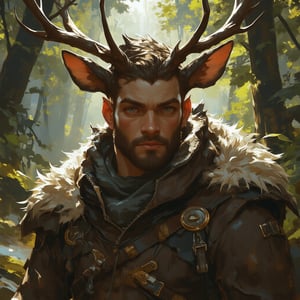 score_9, score_8_up, score_7_up, detailed illustration. portrait. Setting is a forest. man with antlers and deer ears. wearing furs and natural clothes. Handsome. Digital art style, fantasy art style, drawn aesthetics, semirealistic illustration, shiny/glossy, natural light, detailed shadows, concept painting, ultrahigh definition, stylized pose, art style by Kuvshinov Ilya and Greg Rutkowski.