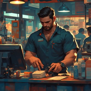 score_9, score_8_up, score_7_up, detailed illustration. Anime illustration of a handsome mature man with masculine face, and muscular figure, working as a cashier at a gas station, standing behind the counter as he checks out items. He wears a retail uniform, looking tired. Digital art style, fantasy art style, drawn aesthetics, semirealistic illustration, shiny/glossy, dark light, detailed shadows, concept painting, ultrahigh definition, stylized pose, art style by Kuvshinov Ilya and Greg Rutkowski.