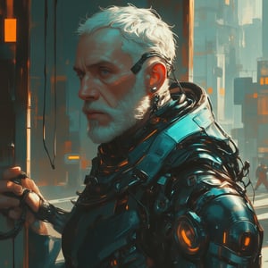 Prompt: score_9, score_8_up, score_7_up, detailed illustration, The setting is a house. A cyborg man with visible wires leans against a wall, eyes glowing. Beautiful man. White hair, pale skin. Beard. Extremely high detail, digital art style, fantasy art style, drawn aesthetics, semirealistic illustration, shiny/glossy, natural light, detailed shadows, concept painting, ultrahigh definition, stylized pose, art style by Kuvshinov Ilya and Greg Rutkowski.