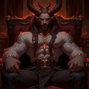 score_9, score_8_up, score_7_up, detailed illustration, solo, sitting on throne, dark, warm lighting, indoors, gold jewelry, 1man, demon, long hair, demon, handsome, demon horns, devil, dynamic lighting, muscular, silk clothes, muscular