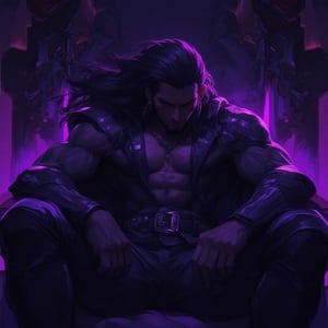 score_9, score_8_up, score_7_up, detailed illustration. Dark, moody illustration of a man, handsome, muscular, masculine. king sitting on throne. Long black hair. Digital art style, fantasy art style, drawn aesthetics, semirealistic illustration, shiny/glossy, purple light, detailed shadows, concept painting, ultrahigh definition, stylized pose, art style by Kuvshinov Ilya and Greg Rutkowski.
