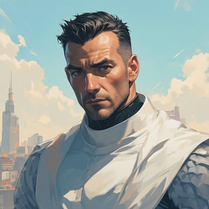 score_9, score_8_up, score_7_up, detailed illustration, ((day, day sky)), 1man, solo, short hair, looking at viewer, black eyes, superhero, 8k, portrait, city skyline, male superhero, white superhero costume, white cape, slicked back salt and pepper hair, mature male, floating, evil superhero