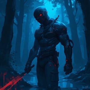 score_9, score_8_up, score_7_up, detailed illustration. Anime Illustration of a slasher killer, masculine, carrying a weapon through a dark, foggy forest. Digital art style, fantasy art style, drawn aesthetics, semirealistic illustration, shiny/glossy, blue light, detailed shadows, concept painting, ultrahigh definition, stylized pose, art style by Kuvshinov Ilya and Greg Rutkowski.
