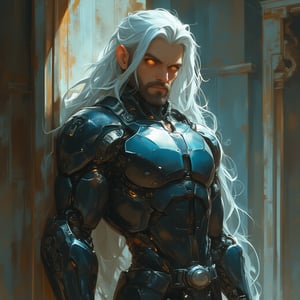 score_9, score_8_up, score_7_up, detailed illustration, The setting is a house. A male cyborg man leans against a wall, eyes glowing. handsome man. Long white hair, pale skin. beard. Extremely high detail, digital art style, fantasy art style, drawn aesthetics, semirealistic illustration, shiny/glossy, natural light, detailed shadows, concept painting, ultrahigh definition, stylized pose, art style by Kuvshinov Ilya and Greg Rutkowski.