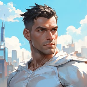 score_9, score_8_up, score_7_up, detailed illustration, ((day, day sky)), 1man, solo, short hair, looking at viewer, black eyes, superhero, 8k, portrait, city skyline, male superhero, white superhero costume, white cape, slicked back salt and pepper hair, mature male