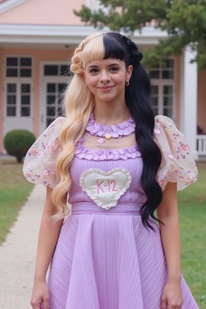  k-12 purple dress ,A woman,split-color hair blonde and black,infront of k-12 school,smiling