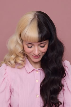 blonde and black long hair,closed eyes,pink shirt,striped shirt